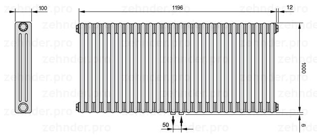 Схема (чертеж) Радиатор Zehnder Charleston 3100/26 №5410 Белый глянцевый RAL 9016